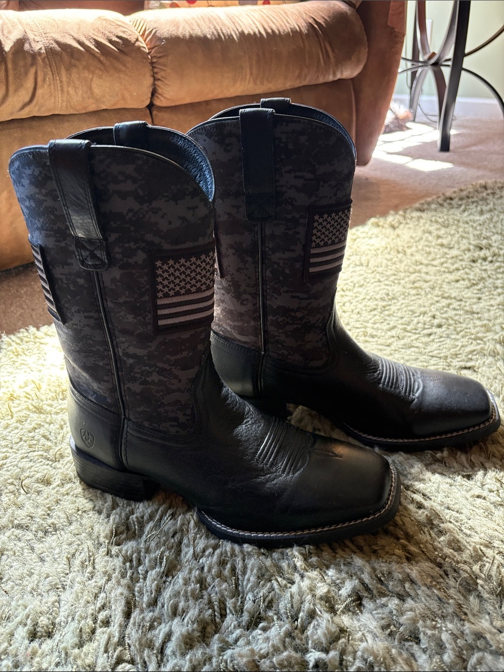Ariat Black Tactical Print Leather Cowboy Boots with Flag Patch